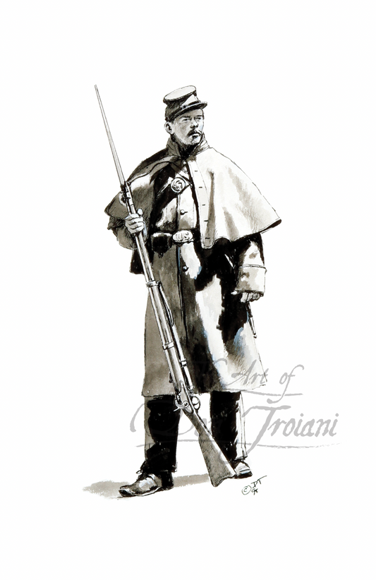 Union Soldier in Overcoat in Black and White